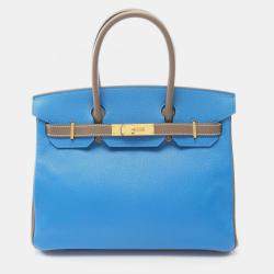 Pre Owned Hermes Birkin 30 Blue Hydra/Etoupe Grey Chevre Leather Tote Bag