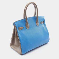 Pre Owned Hermes Birkin 30 Blue Hydra/Etoupe Grey Chevre Leather Tote Bag