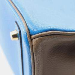 Pre Owned Hermes Birkin 30 Blue Hydra/Etoupe Grey Chevre Leather Tote Bag