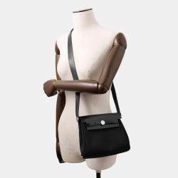 Pre Owned Hermes Herbag Zip Black Toile Military Vache Hunter Leather Mini