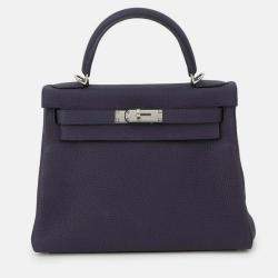 Pre Owned Hermes Kelly Retourne Blue Nuit Togo Leather 28 Handbag