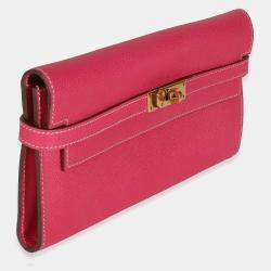 Pre Owned Hermes Kelly Rose Tyrien Epsom Long Wallet GHW