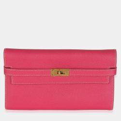 Pre Owned Hermes Kelly Rose Tyrien Epsom Long Wallet GHW