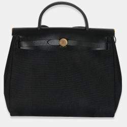 Pre Owned Hermes Herbag Zip 31 Black Military Toile Vache Hunter PM GHW Handbag