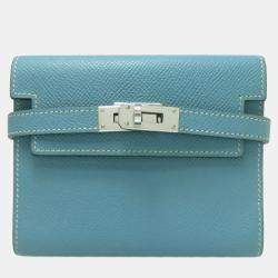 Pre Owned Hermes Kelly Compact Wallet In Blue Jean Bifold By Epson