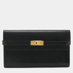 Pre Owned Hermes Kelly Wallet Long Bi-Fold Box Calf Leather Black