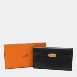 Pre Owned Hermes Kelly Wallet Long Bi-Fold Box Calf Leather Black