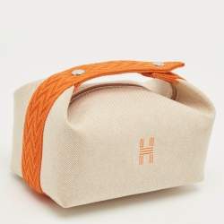 Pre Owned Hermes Natural/Orange Canvas Small Bride-a-Brac Pouch