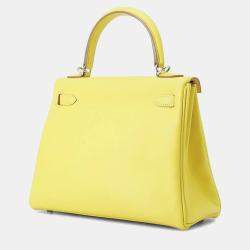 Pre Owned Hermes Kelly Size 25 Retourne Lime Swift Leather Bag