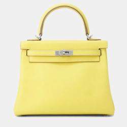 Pre Owned Hermes Kelly Size 25 Retourne Lime Swift Leather Bag