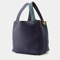 Pre Owned Hermes Picotin Lock 22 Casaque2 Blue Nuit/Vert Cypress/Black Taurillon Clemence Bag 