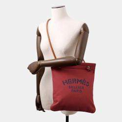 Pre Owned Hermes Sack Aline  Size MM  Rouge H/Gold Toile Chevrons Barenia Leather Bag 