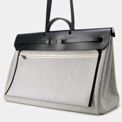 Pre Owned Hermes Herbag Zip Letournet Cabin Ecru/Blue Zellige/Black Toile Military Vache Hunter Leather Size 50