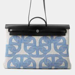 Pre Owned Hermes Herbag Zip Letournet Cabin Ecru/Blue Zellige/Black Toile Military Vache Hunter Leather Size 50