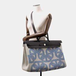 Pre Owned Hermes Herbag Zip Letournet Cabin Ecru/Blue Zellige/Black Toile Military Vache Hunter Leather Size 50