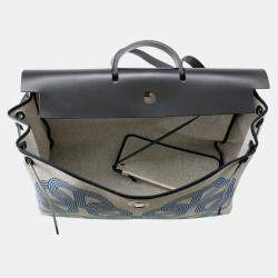 Pre Owned Hermes Herbag Zip Letournet Cabin Ecru/Blue Zellige/Black Toile Military Vache Hunter Leather Size 50
