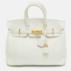 Pre Owned Hermes New White Swift Leather Gold Finish Birkin 25 Bag
