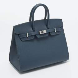 Pre Owned Hermes Bleu de Prusse Epsom Leather Palladium Finish Birkin Sellier 25 Bag