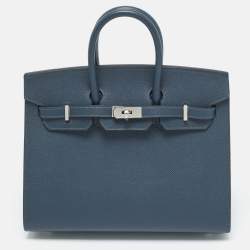 Pre Owned Hermes Bleu de Prusse Epsom Leather Palladium Finish Birkin Sellier 25 Bag
