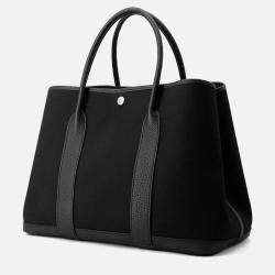 Pre Owned Hermes Garden Party Black Toile Military Negonda Leather PM