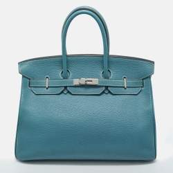 Pre Owned Hermes Bleu Jean Togo Leather Palladium Finish Birkin 35 Bag