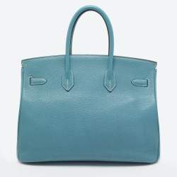 Pre Owned Hermes Bleu Jean Togo Leather Palladium Finish Birkin 35 Bag