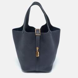 Pre Owned Hermes Bleu Nuit Taurillon Clemence Leather Picotin Lock 18 Bag