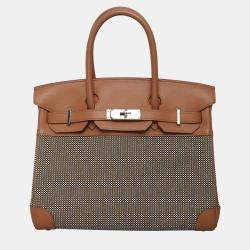 Pre Owned Hermes Birkin 30 Toile Quadrille Brown Calf Leather, Canvas Bag