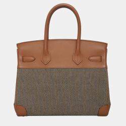 Pre Owned Hermes Birkin 30 Toile Quadrille Brown Calf Leather, Canvas Bag