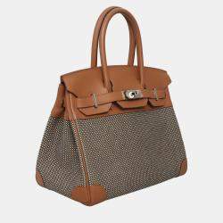Pre Owned Hermes Birkin 30 Toile Quadrille Brown Calf Leather, Canvas Bag