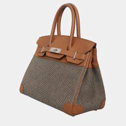 Pre Owned Hermes Birkin 30 Toile Quadrille Brown Calf Leather, Canvas Bag