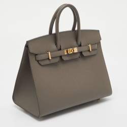 Pre Owned Hermes Gris Etain Epsom Leather Gold Finish Birkin Sellier 25 Bag