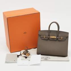 Pre Owned Hermes Gris Etain Epsom Leather Gold Finish Birkin Sellier 25 Bag
