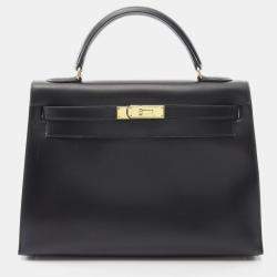 مملوكة مسبقًا Hermes Kelly 32 Black Box Calf Leather Tote Bag