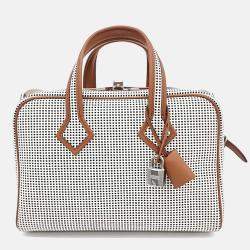 Pre Owned Hermes Brown White Canvas and Leather Victoria 3 Mini