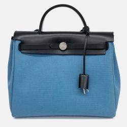 Pre Owned Hermes Black Blue Canvas and Leather NEW ZIP Herbag Small
