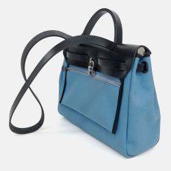 Pre Owned Hermes Black Blue Canvas and Leather NEW ZIP Herbag Small