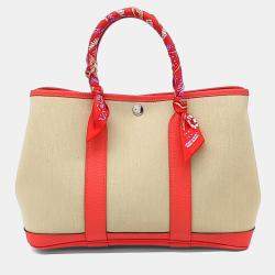 Pre Owned Hermes Beige Red Fabric Garden Party 30  & Twilly