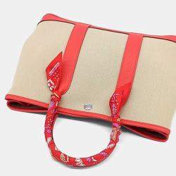 Pre Owned Hermes Beige Red Fabric Garden Party 30  & Twilly