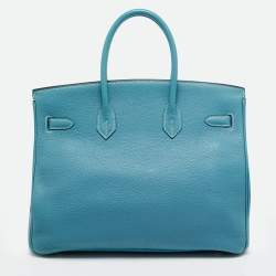 Pre Owned Hermes Bleu Jean Togo Leather Palladium Finish Birkin 35 Bag