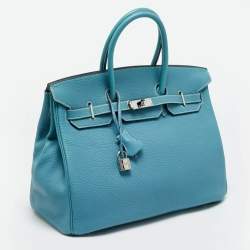 Pre Owned Hermes Bleu Jean Togo Leather Palladium Finish Birkin 35 Bag