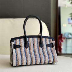 Pre Owned Hermes Shoulder Birkin 29 Black Canvas with Striped Embroidery Palladium Hardware