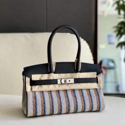 Pre Owned Hermes Shoulder Birkin 29 Black Canvas with Striped Embroidery Palladium Hardware