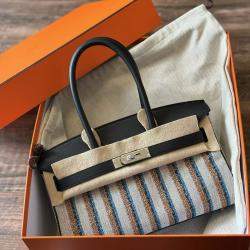 Pre Owned Hermes Shoulder Birkin 29 Black Canvas with Striped Embroidery Palladium Hardware