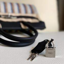 Pre Owned Hermes Shoulder Birkin 29 Black Canvas with Striped Embroidery Palladium Hardware