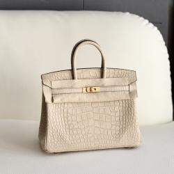 مملوكة مسبقًا حقيبة هيرمس بيركين 25 جلد التمساح الرمادي غير اللامع إكسسوار ذهبي