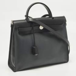 Pre Owned Hermès Herbag Zip 31 Ardoise/Black Coated Canvas and Leather Bag