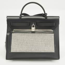 Pre Owned Hermès Herbag Zip 31 Ardoise/Black Coated Canvas and Leather Bag