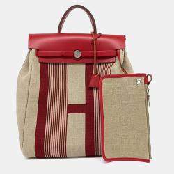 Pre Owned Hermes Beige/Red Canvas and Leather NEW ZIP Her Backpack
