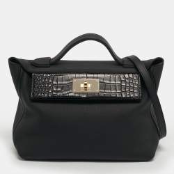 Pre Owned Hermès 24/24 29 Electrum Noir Matte Alligator and Togo Leather Bag